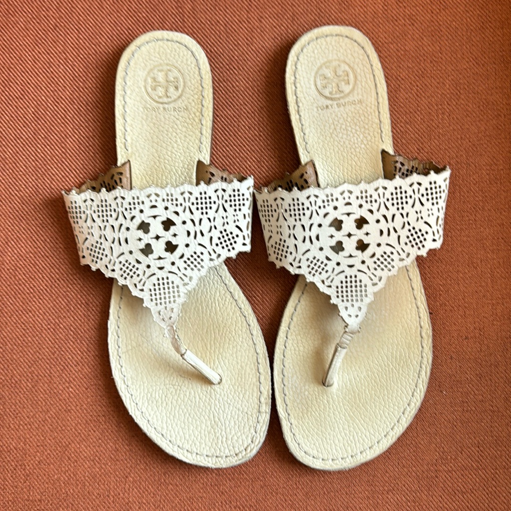Tory Burch Roselle Laser Cut Thong Sandals, Off-White Colored, Size 10